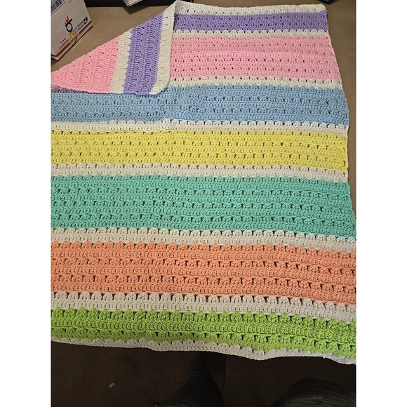 Handmade Crochet Baby Blanket Pastel Stripes Nursery Afghan Cover 44"x 34" - Picture 1 of 3